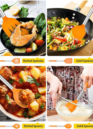 Pack of 4 Silicone Cooking Utensils Set, Non Stick Large Solid Spatulas, Heat Resistant Slotted Spoons, Ideal BPA Free Kitchen Turners for Frying, Mixing,Serving,Draining,Turning,Stirring (ORANGE)