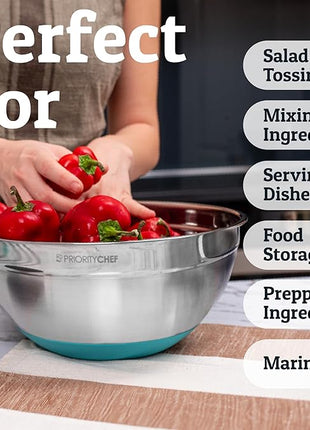 Priority Chef 6Pc Large Mixing Bowls With Lids Set with Non-Slip Bases, Stainless Steel Mixing Bowl Set, 6 Airtight Lids and 3 Graters, Turquoise