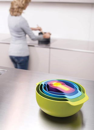 Joseph Joseph Nest 9 Plus, 9 Piece Compact Food Preparation Set with Mixing Bowls, Measuring cups, Sieve and Colander, MultiColor
