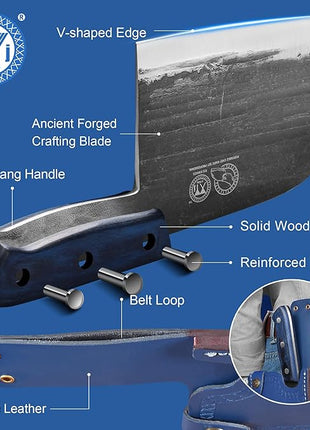 XYJ Authentic Since 1986,Ancient Forged Butcher Knives,Serbian Chef Knife With Sheath,Tiny Knife,Chinese Vegetable Meat Cleaver For Kitchen Camping Outdoor,Full Tang,High Carbon Steel (7.5 inch)