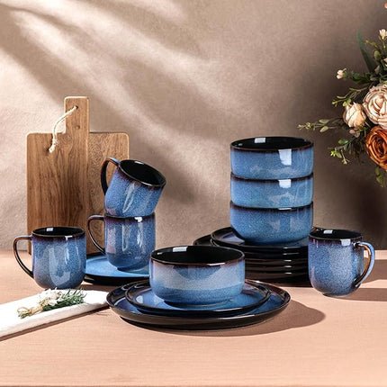 LERATIO Ceramic Dinnerware Sets for 4,16-PieceReactive Glaze Plates and Bowls Set with Mugs,Highly Chip and Crack Resistant | Dishwasher,Microwave & Oven Safe Dishes set-Blue