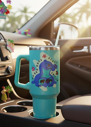 Silver Buffalo Disney Lilo and Stitch Aloha No Bad Days Chillin’ Stainless Steel Tumbler with Handle and Straw, Fits in Standard Cup Holder, 40 Ounces