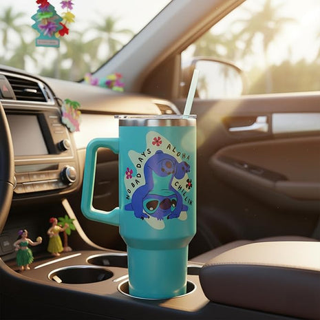 Silver Buffalo Disney Lilo and Stitch Aloha No Bad Days Chillin’ Stainless Steel Tumbler with Handle and Straw, Fits in Standard Cup Holder, 40 Ounces