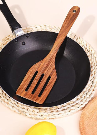 FJNATINH Wooden Slotted Spatula for Cooking, Nonstick Teak Slotted Turner, Flat Wooden Kitchen Cooking Spatula Turner for Frying Flipping Kitchen Utensil Pancake
