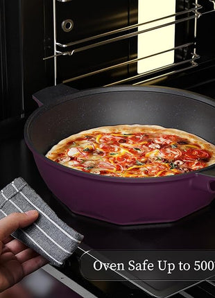 TIBORANG 8 in 1 Multipurpose 11 Inch 5 Quart Heat Indicator Nonstick Deep Frying Pan with Glass Lid,Steamed Grid,PFOA-Free,Dishwasher&Oven Safe,Works with All Stovetops (Midnight Purple)