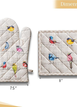 Maison d' Hermine 100% Cotton Oven Mitt & Pot Holder Set (7.5"x13" & 8"x8") Heat Resistant BBQ Cooking Gloves with Loop, Baking, Grilling, Kitchen, Handling Hot Pans Spring/Summer (Birdies On Wire)