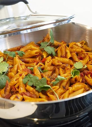 AVACRAFT 18/10 Stainless Steel Everyday Pan, Stir Fry, Five-Ply Base, Glass Lid, Multipurpose Stewpot Skillet, Saute, Casserole (11" Top Diameter, 8" Base Diameter)