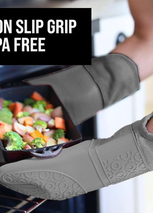 BPA-Free Soft Silicone Oven Mitts - Ultra Heat Resistant Oven Mitts with Thick Cotton Liner - Extra Long Slip Resistant Pot Holders, Flexible Oven Gloves - Gray 14.7"