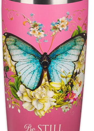 Christian Art Gifts Stainless Steel Double Wall Vacuum Insulated Travel Mug 18 oz Butterfly Pink BPA-free Tumbler with Retractable Lid Inspirational Scripture for Women - Be Still -Psalm 46:10