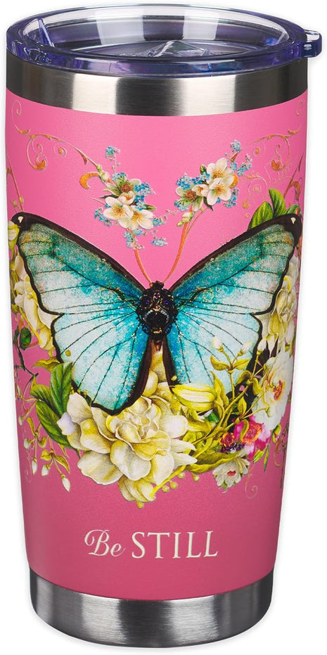 Christian Art Gifts Stainless Steel Double Wall Vacuum Insulated Travel Mug 18 oz Butterfly Pink BPA-free Tumbler with Retractable Lid Inspirational Scripture for Women - Be Still -Psalm 46:10