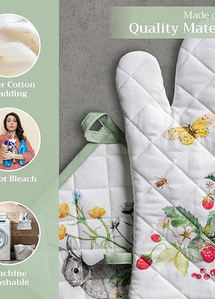 Maison d' Hermine 100% Cotton Oven Mitt & Pot Holder Set (7.5"x13" & 8"x8") Heat Resistant BBQ Cooking Gloves with Loop, Baking, Grilling, Kitchen, Handling Hot Pans Spring/Summer (Printemps)
