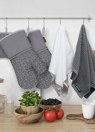 Oven Mitts and Pot Holders Sets 6pcs, Kitchen Oven Glove,High Heat Resistant 550 Degree Extra Long Oven Mitts and Potholders with Non-Slip Silicone Surface for Apartment Essentials (Grey) (Gray)
