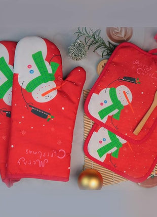 Oven Mitts and Potholders BBQ Gloves-Oven Mitts and Pot Holders with Recycled Infill Silicone Non-Slip Cooking Gloves for Cooking Baking Grilling (4-Piece Set) (Red Christmas Snow)
