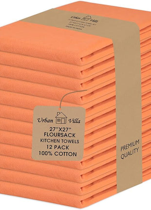 Urban Villa Halloween Flour Sack Kitchen Towels 27”x27” 12 Pack Orange Color Dish Towels 100% Cotton Flour Sack Kitchen Towels for Embroidery DIY Projects Cloth Diapers Cheese Strainers Dish Cloths