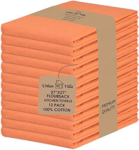 Urban Villa Halloween Flour Sack Kitchen Towels 27”x27” 12 Pack Orange Color Dish Towels 100% Cotton Flour Sack Kitchen Towels for Embroidery DIY Projects Cloth Diapers Cheese Strainers Dish Cloths