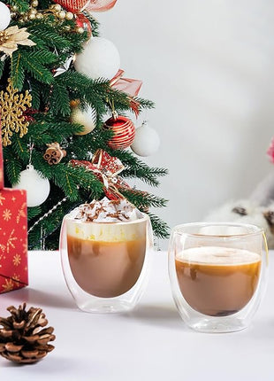 CNGLASS Double Wall Glass Espresso Cups 8.5 oz,Clear Insulated Glass Coffee Mug for Cappuccino,Tea,Set of 2