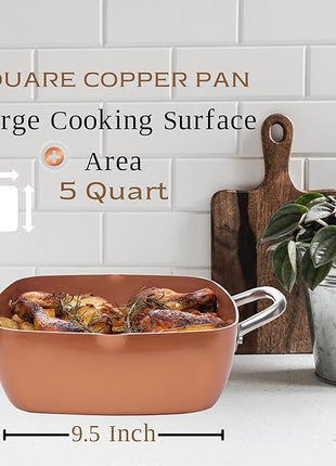 Moss & Stone 7 Pcs Copper Chef Cookware Non Stick Deep Frying Pan 9.5" x 3.5", Fry Basket, Dishwasher & Oven Safe, 5 Qt Deep Square Pot, Non Stick Pan & Round Pot, Induction Copper Cookware Set