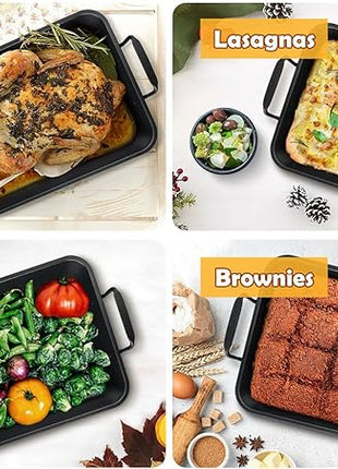 TeamFar Roasting Pan, 14” Nonstick Deep Lasagna Brownie Turkey Pan with V-Shaped Rack & Cooling Rack, with Stainless Steel Core & Nonstick Coating, Healthy & Heavy Duty, Easy to Clean, Set of 3