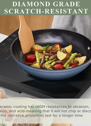 Nuwave Healthy Duralon Blue Ceramic Nonstick Cookware Set, Diamond Infused Scratch-Resistant, PFAS Free, Dishwasher & Oven Safe, Induction Ready & Evenly Heats, Tempered Glass Lids & Stay-Cool Handles