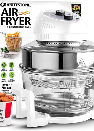 Big Boss 16Qt Extra Large Glass Air Fryer Non Toxic – Family Sized 4 in 1 Cooker with 3 Cooking Sections, Stainless Steel Racks for French Fries, Chicken, No Preheat, Self Cleaning, Dishwasher Safe