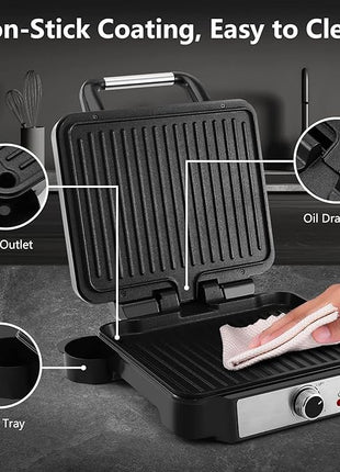MONXOOK Panini Press Sandwich Maker, 4 Slices Panini Grill Non-Stick Coated Plates, Panini Makers with Temperature Control, Opens 180 Degrees, Removable Drip Tray, 1400W, Stainless Steel