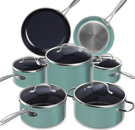 Nuwave Healthy Duralon Blue Ceramic Nonstick Cookware Set, Diamond Infused Scratch-Resistant, PFAS Free, Dishwasher & Oven Safe, Induction Ready & Evenly Heats, Tempered Glass Lids & Stay-Cool Handles