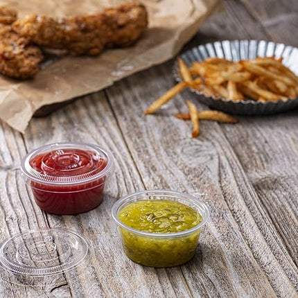 (3.25 oz - 100 Sets) Clear Diposable Plastic Portion Cups With Lids, Small Mini Containers For Portion Controll, Jello Shots, Meal Prep, Sauce Cups, Slime, Condiments, Medicine, Dressings,