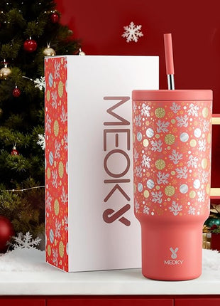 Meoky 40 oz Christmas Tumbler with Handle and Straw, Xmas Tumbler with Lid and Straw, Insulated Stainless Steel Travel Mug, Christmas Gifts for Women Men Adults (Merry Bells)