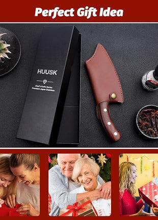 Huusk Meat Cleaver Knife, Hand Forged Butcher Knife for Meat Cutting, Full Tang Viking Knives with Sheath, Japanese Chef Knives for Outdoor Cooking, Camping, BBQ, Christmas Gift for Man and Women