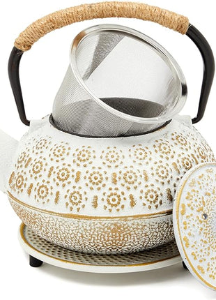 Juvale Stovetop Cast Iron Tea Kettle with Infuser - Superior Heat Retention Loose Leaf Tea Pot - Built-In Teapot with Strainer - Includes Trivet & Infuser Kettle - White, 27 Oz (800 ml)