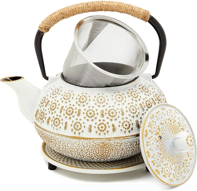 Juvale Stovetop Cast Iron Tea Kettle with Infuser - Superior Heat Retention Loose Leaf Tea Pot - Built-In Teapot with Strainer - Includes Trivet & Infuser Kettle - White, 27 Oz (800 ml)