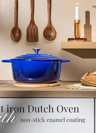 Nuovva Enamelled Cast Iron Dutch Oven Pot with Lid – 6.4 Quart Non Stick Casserole Pot – Heavy Duty & Oven Safe up to 500° F for Bread Baking, Braising, Stews, Roasting – 28cm Dark Blue
