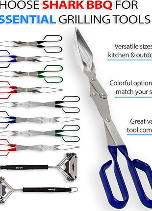 Shark BBQ Grill Tongs - 17 inch (Blue) Steak Tongs. Professional kitchen and outdoor grilling utensil. Long reach Barbeque Grilling Tong. Ideal for steak, fish, burger, and sausage