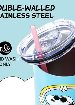 Silver Buffalo Peanuts Featuring Snoopy and Woodstock Feelin' Groovy Stainless Steel Tumbler with Handle and Straw, Fits in Standard Cup Holder, 40 Ounces
