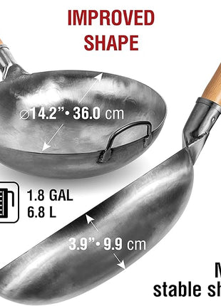 YOSUKATA 14” Round Bottom Carbon Steel Woks and Stir Fry Pans – Unseasoned Pow Wok for Stir Fry, BBQ & Camping – Hand-Hammered Traditional Japanese and Chinese Pan – Gas Stove, Open Fire Only