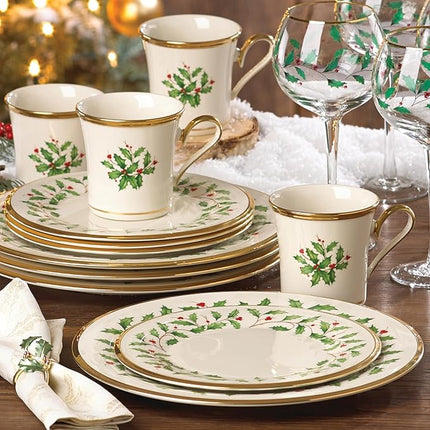 Lenox Dinnerware Set, Holiday 12-Piece Set, Service For 4, Porcelain Plate, Berry Motif With 24-Karat Gold Accents, Christmas Dinner Plates, Salad Plates And Mugs, Dishwasher Safe (Assorted, 12 Piece)