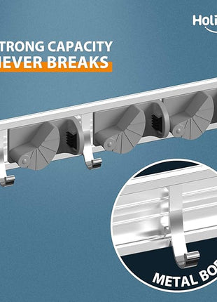 Holikme Mop Broom Holder Wall Mount Metal Pantry Organization and Storage Garden Kitchen Tool Organizer Wall Hanger for Home Goods (4 Positions with 4 Hooks, Silver)