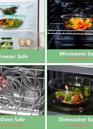 WhiteRhino Glass Mixing Bowl with Lids Set of 4,(1,1.5,2.5,3.7) Large Salad Bowl,Space-Saving Stacking Bowl for Kitchen Food Storage,Glass bowl for Cooking,Baking