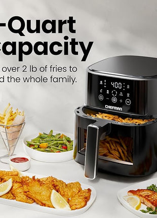 Chefman Air Fryer – 6 QT Compact Airfryer for Quick & Easy Meals, Features Hi-Fry Technology for Extra Crisp, Easy-View Window, Touch Controls with 4 Presets, Nonstick & Dishwasher Safe Basket - Black
