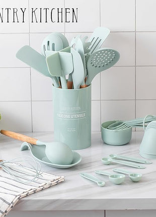 Country Kitchen Non Stick Silicone Utensil Set with Rounded Wood Handles for Cooking and Baking, 38 Piece Set, Mint