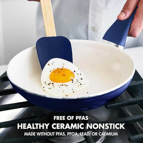GreenPan Rio Healthy Ceramic Nonstick 8" Frying Pan Skillet and Silicone Spatula Set, Soft Grip Handle, Breaktfast Meal Set, PFAS-Free, Dishwasher Safe, Oven Safe, Oxford Blue