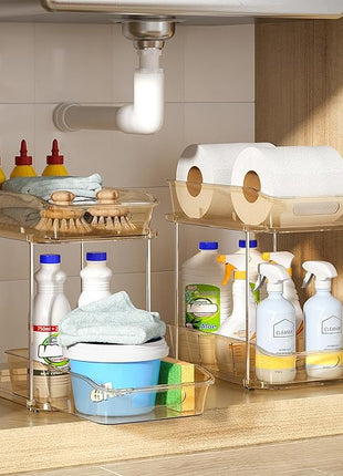 Delamu 2-Tier Under Sink Organizers and Storage, Multi-Purpose Stackable Bathroom Cabinet Organizers, Pull Out Kitchen Pantry Organization and Storage with Dividers Amber, 4 Pack