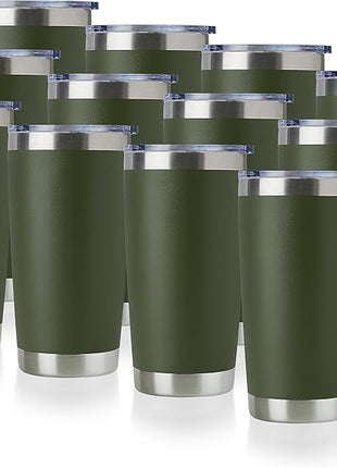 DOMICARE 20oz Stainless Steel Tumbler Bulk with Lid, Double Wall Vacuum Insulated Travel Mug, Powder Coated Coffee Cup (Army Green, 12)