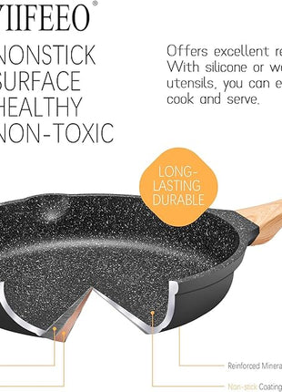 Non Stick Frying Pan Set - YIIFEEO Granite Skillet Set with 100% PFOA & PTFE Free, Induction Egg Omelette Pans for Cooking Pan Set, Cookware Set Nonstick Pots and Pans Set Gift for Women