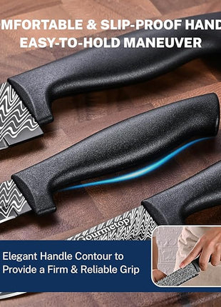 Kitchen Knife Set with Cover 3 Pcs, Black Chef Knife Set for Cooking, Sharp Kitchen Knives with Sheath, 8'' Chef Knife, 5'' Utility, 3.5'' Paring, Damascus Pattern Kitchen Knife for Cutting