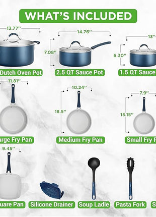 NutriChef 14-Piece Navy Blue Nonstick Cookware Set - Durable Pots and Pans Set with Lids & Utensils, Compatible with All Cooktops