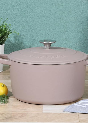 Crock-Pot Artisan 5-Quart Round Cast Iron Dutch Oven with Lid – Matte Dusty Pink, Durable Oven Safe Cookware