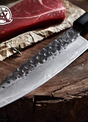 MITSUMOTO SAKARI Santoku Chef Knife 7 inch - Hand Forged Japanese Kitchen Knives, 3-Layer 9CR18MOV High Carbon Steel, Rosewood Handle & Sandalwood Box