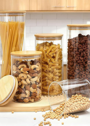 Airtight Glass Jars with Bamboo Lids, Glass Food Storage Containers Set - Set of 5 Kitchen Canisters for Sugar, Candy, Cookie, Rice and Spice Jars