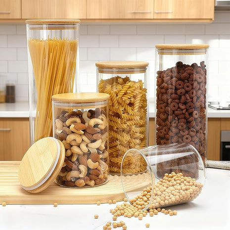 Airtight Glass Jars with Bamboo Lids, Glass Food Storage Containers Set - Set of 5 Kitchen Canisters for Sugar, Candy, Cookie, Rice and Spice Jars